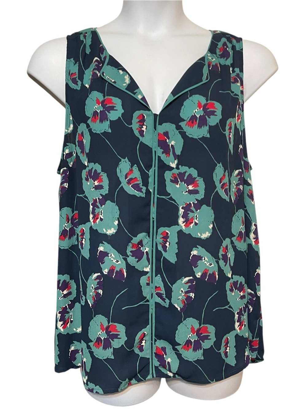 Modcloth Blue Abstract Flower Print Sleeveless Flowy V Neck Tank Top Women's 1X